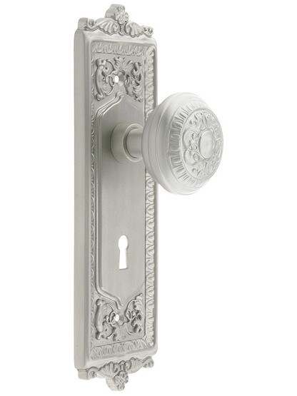 Egg and Dart Design Mortise Lock Set With Matching Knobs in Satin Nickel.